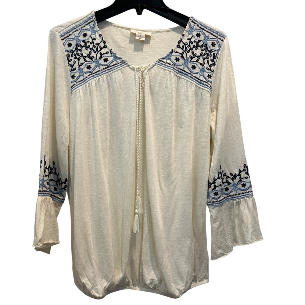 Festival Embroidered Top Cream Blue‎ Floral Bell Sleeve Women's Medium Boho